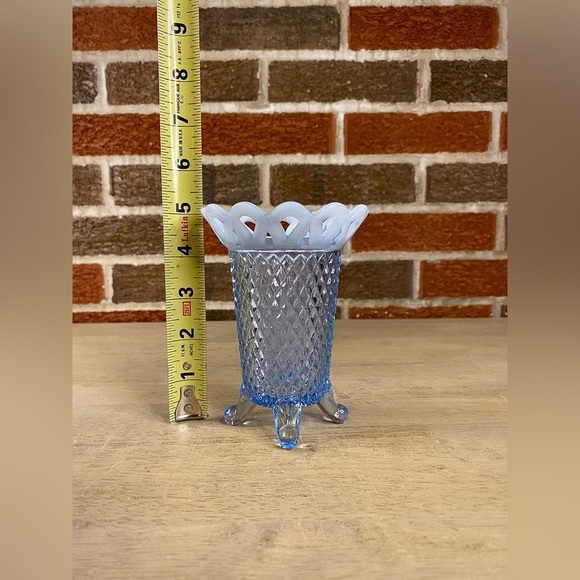 Vtg Imperial Glass Blue Vase Diamond Point 1930 Katy Opalescent Open Lace Edge - Picture 3 of 8